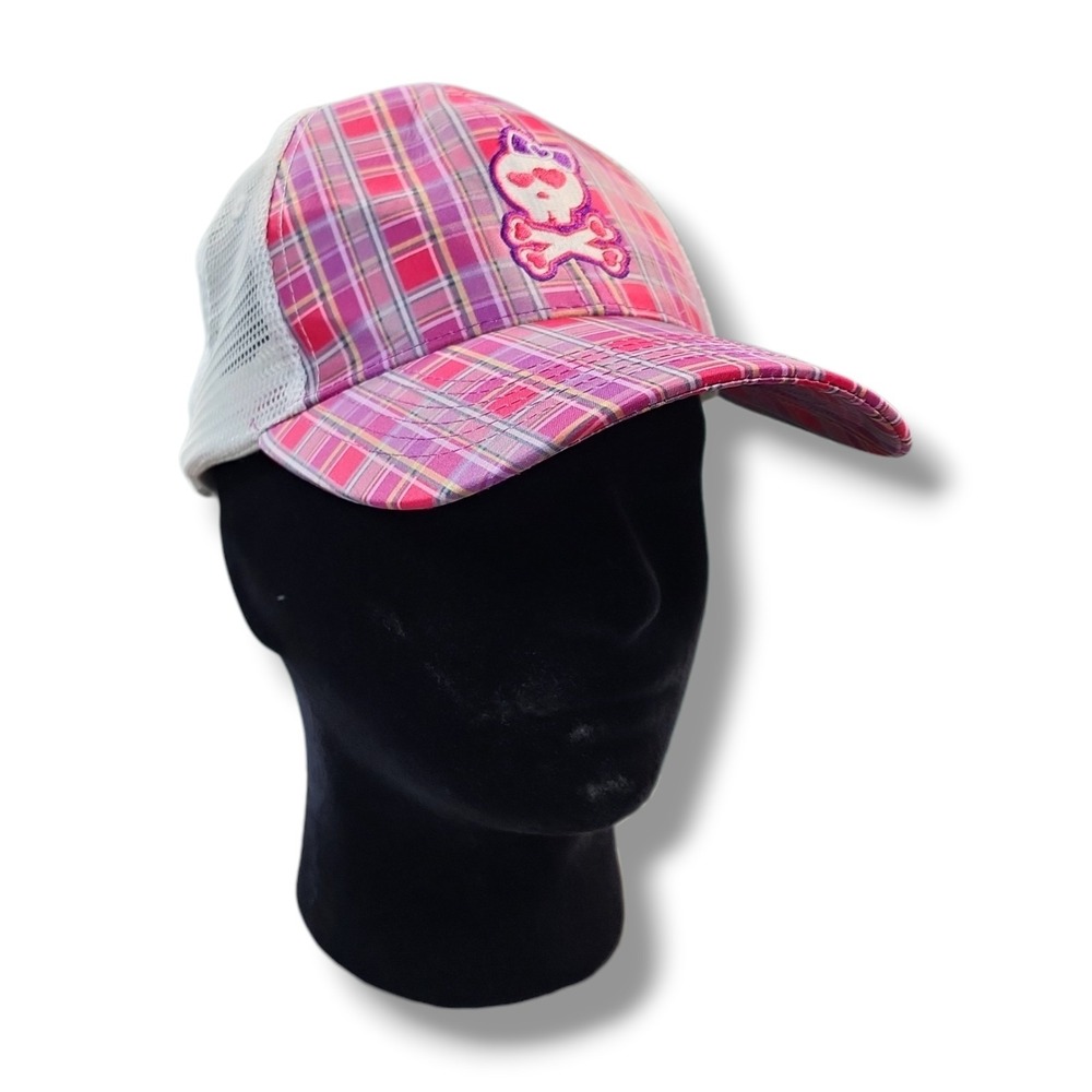 Grave Digger Racing Pink Plaid Trucker Hat Skull Bow Mesh Back Adjustable Cap